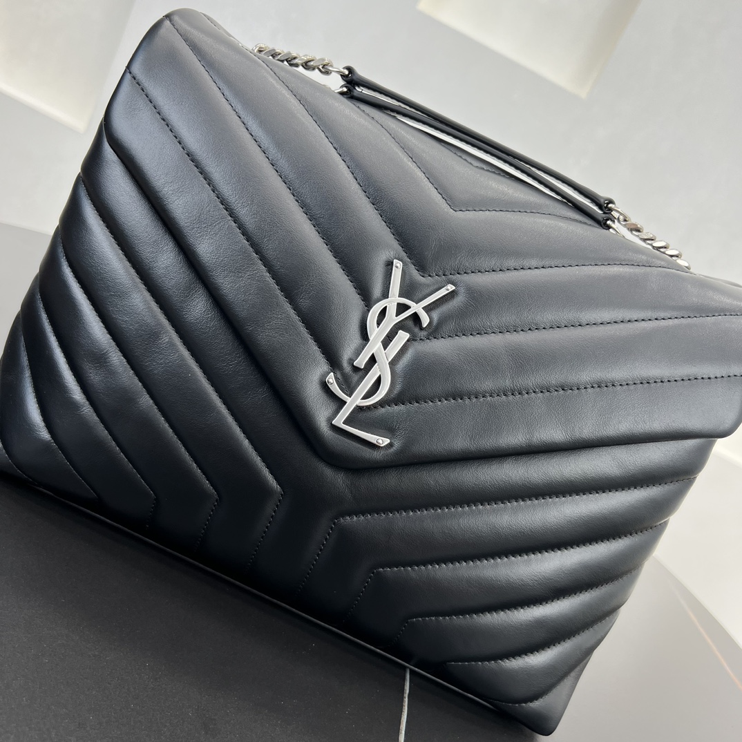 Saint Laurent Loulou Quilted Calfskin Shoulder Bag Handbag Black 457749 Silver